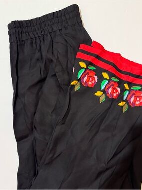 Kate Spade Black Floral-Trim Elastic Waist Silk Pajama Pants M NWT